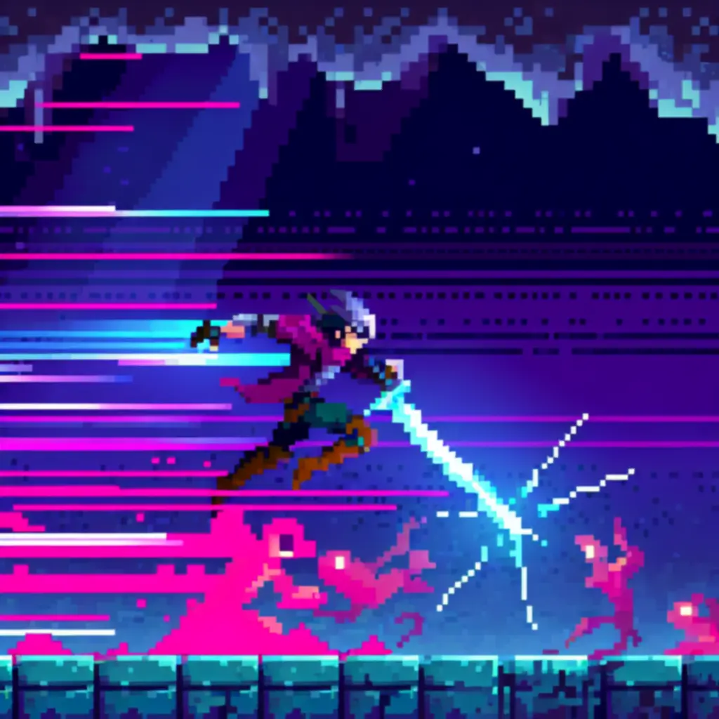 Sekwencja walki z użyciem dashów i miecza