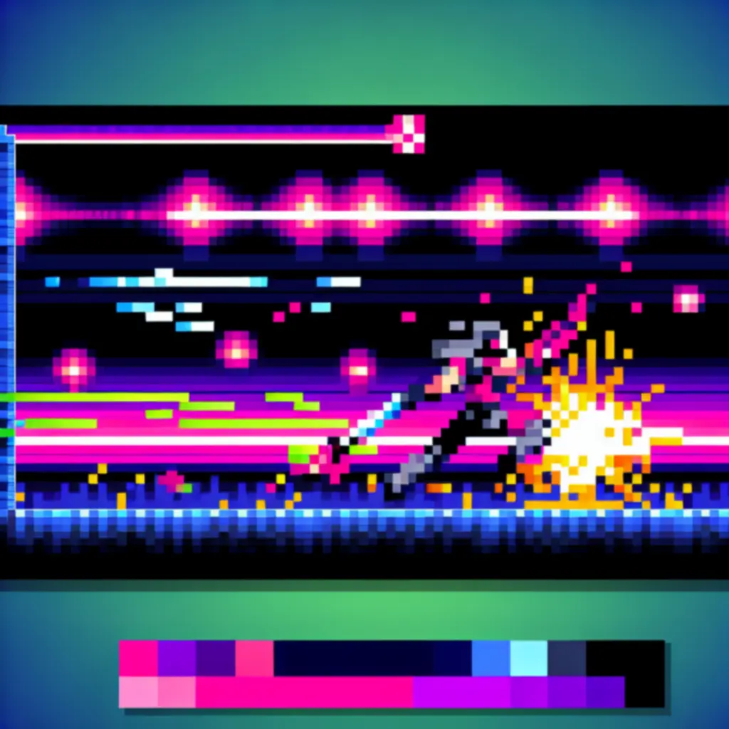 Zrzut ekranu w stylu pixel-art prezentujący dynamiczną walkę i dash w Hyper Light Drifter