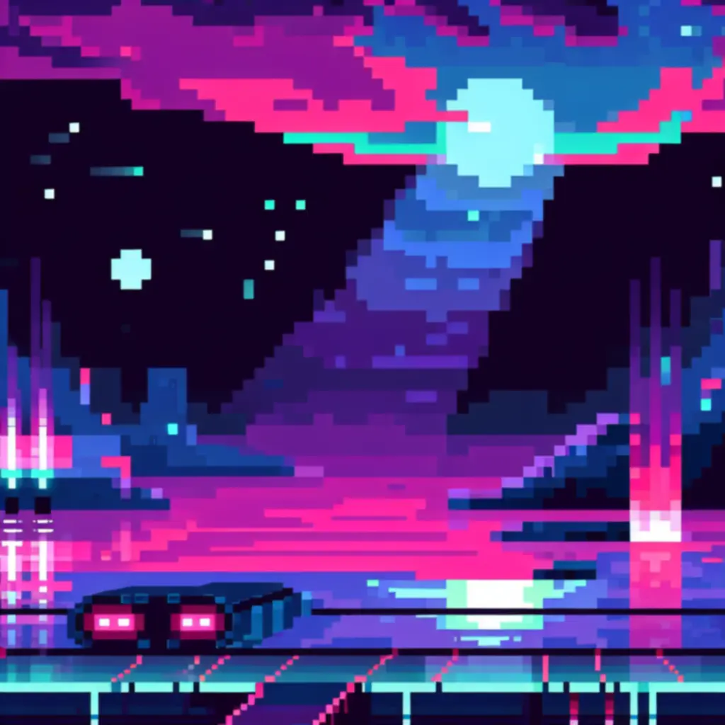 Atmosferyczna, neonowa scena w stylu pixel-art inspirowana Hyper Light Drifter