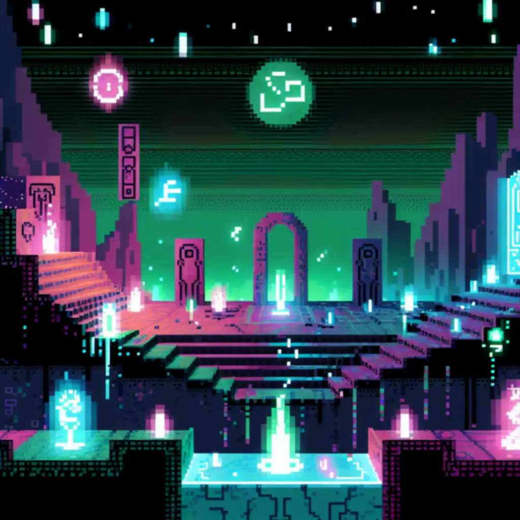 Nastrojowa scena lore: ruiny i neonowe detale w stylistyce Hyper Light Drifter