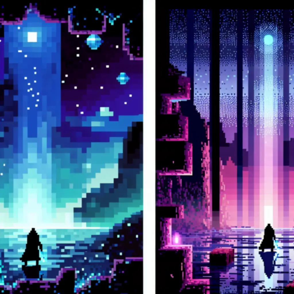 Atmosferyczny kadr w stylu pixel-art z Hyper Light Drifter