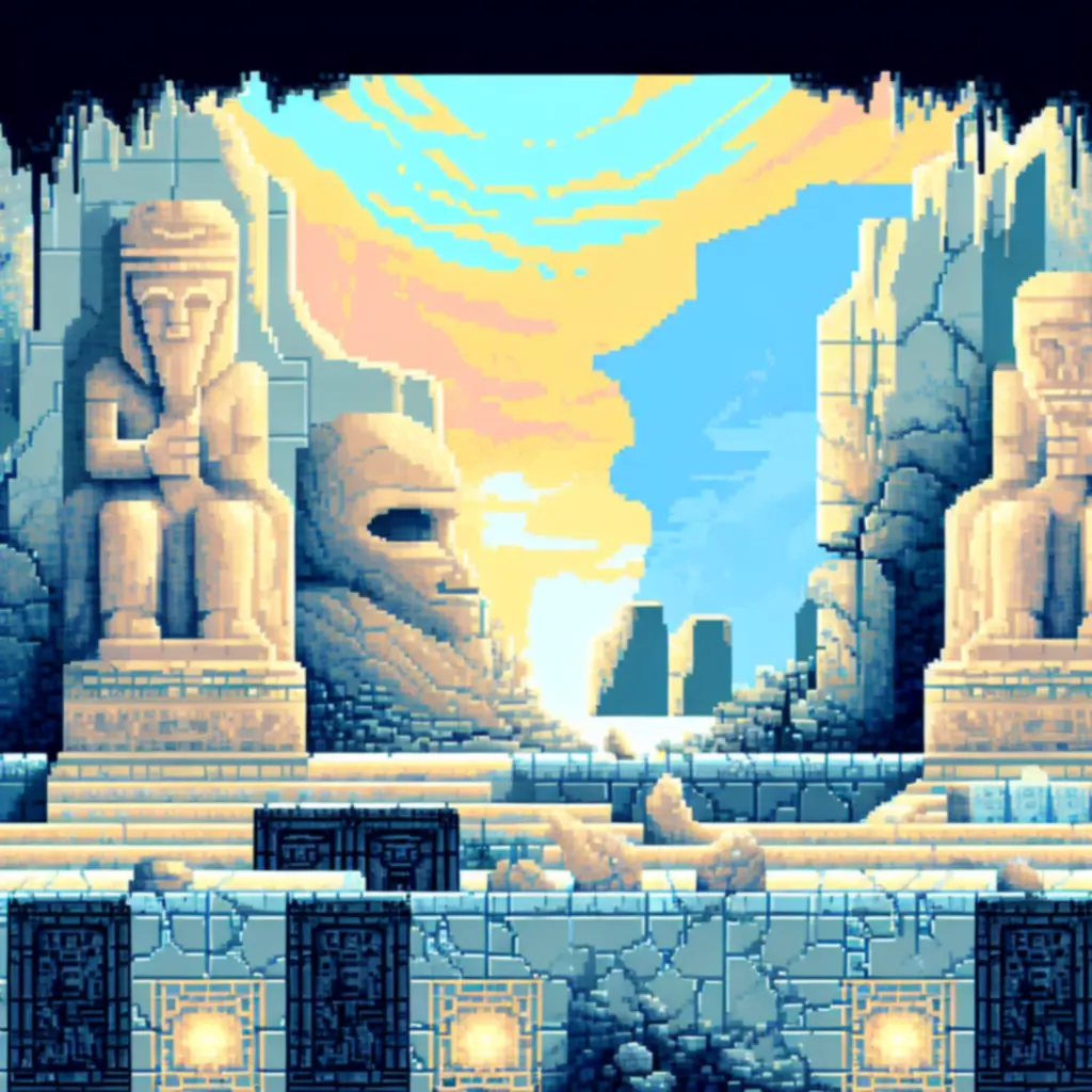 Rozległe ruiny i monumentalne posągi starożytnej cywilizacji w stylu piksel-art