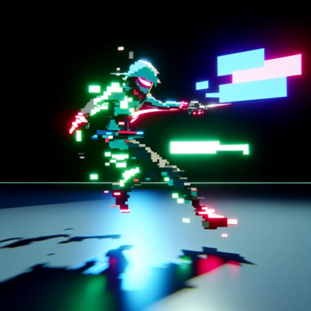 Neonowy piksel-art z dynamiczną animacją postaci Hyper Light Drifter