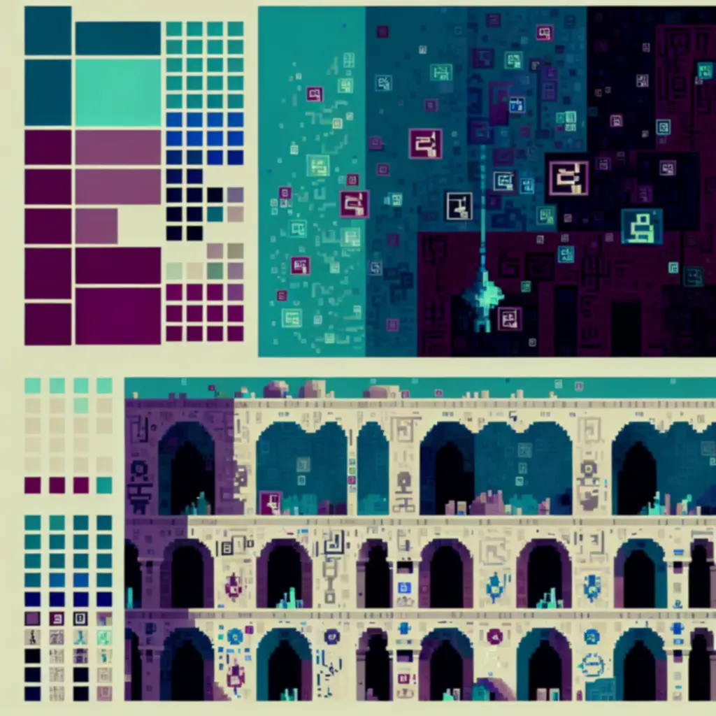 Korytarze i świątynie z subtelnymi detalami narracyjnymi w piksel-art