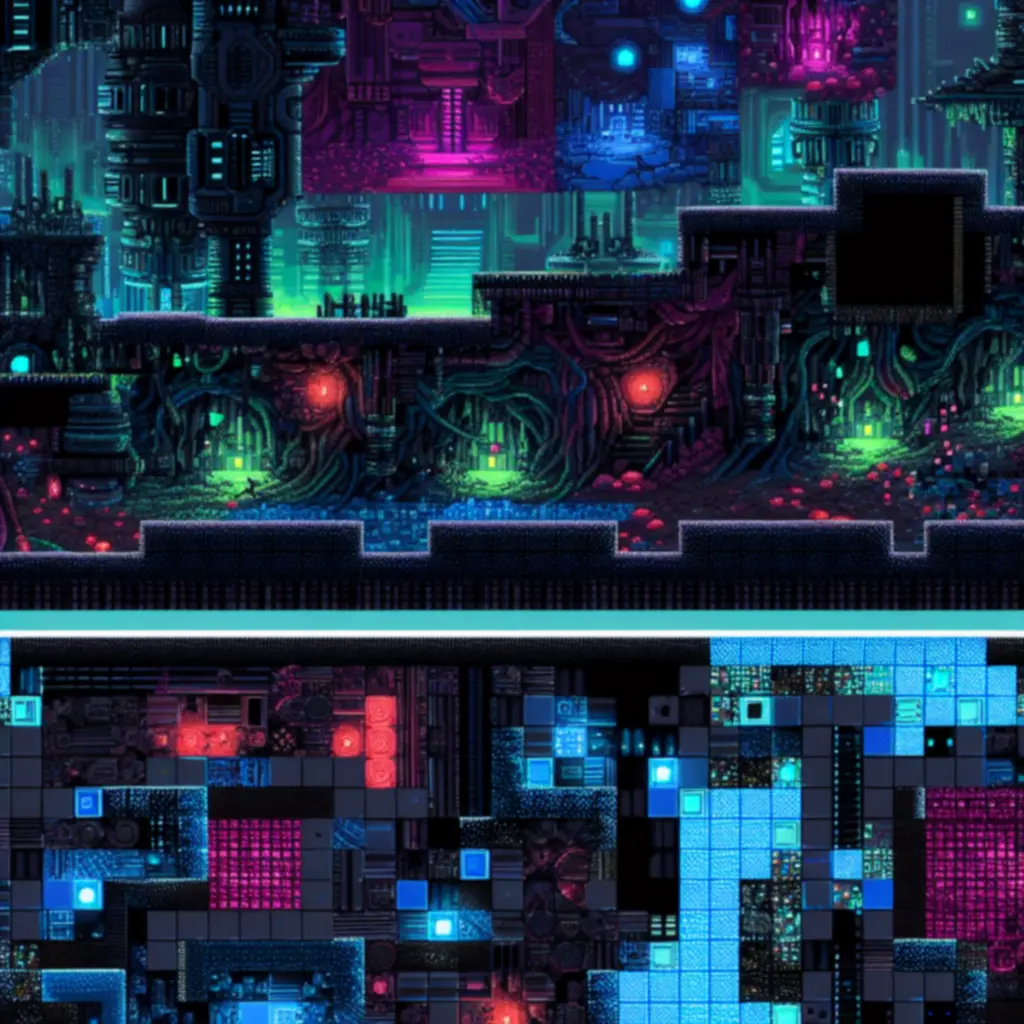 Zbliżenie na szczegółowy pixel-art z lokacji w Hyper Light Drifter