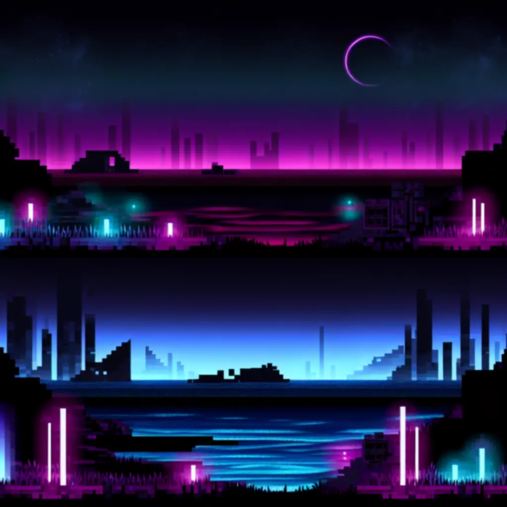 Mroczny, neonowy krajobraz świata Hyper Light Drifter w stylu piksel-art