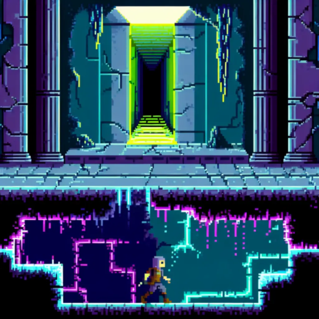 Eksploracja ruin z neonowymi akcentami i ukrytym przejściem w tle.