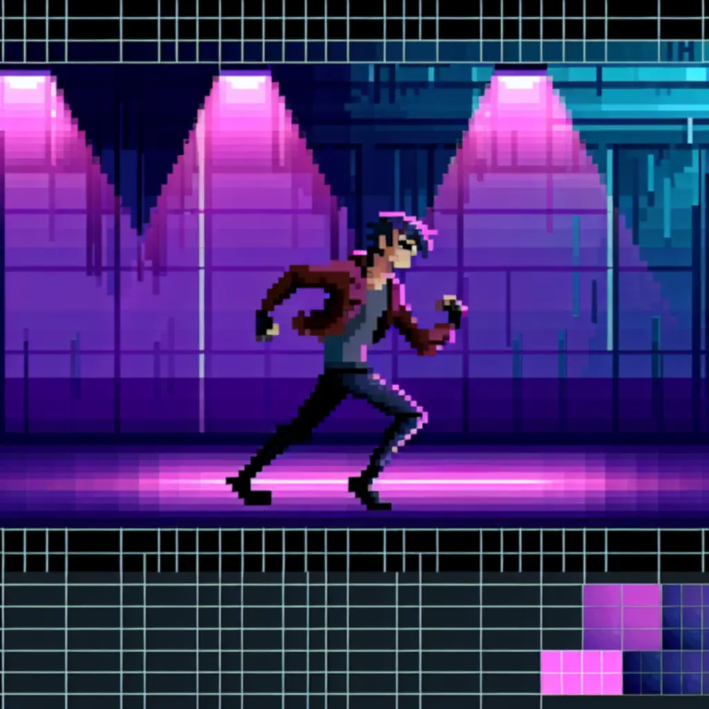 Neonowy pixel‑artowy kadr inspirowany Hyper Light Drifter z bohaterem w ruchu.