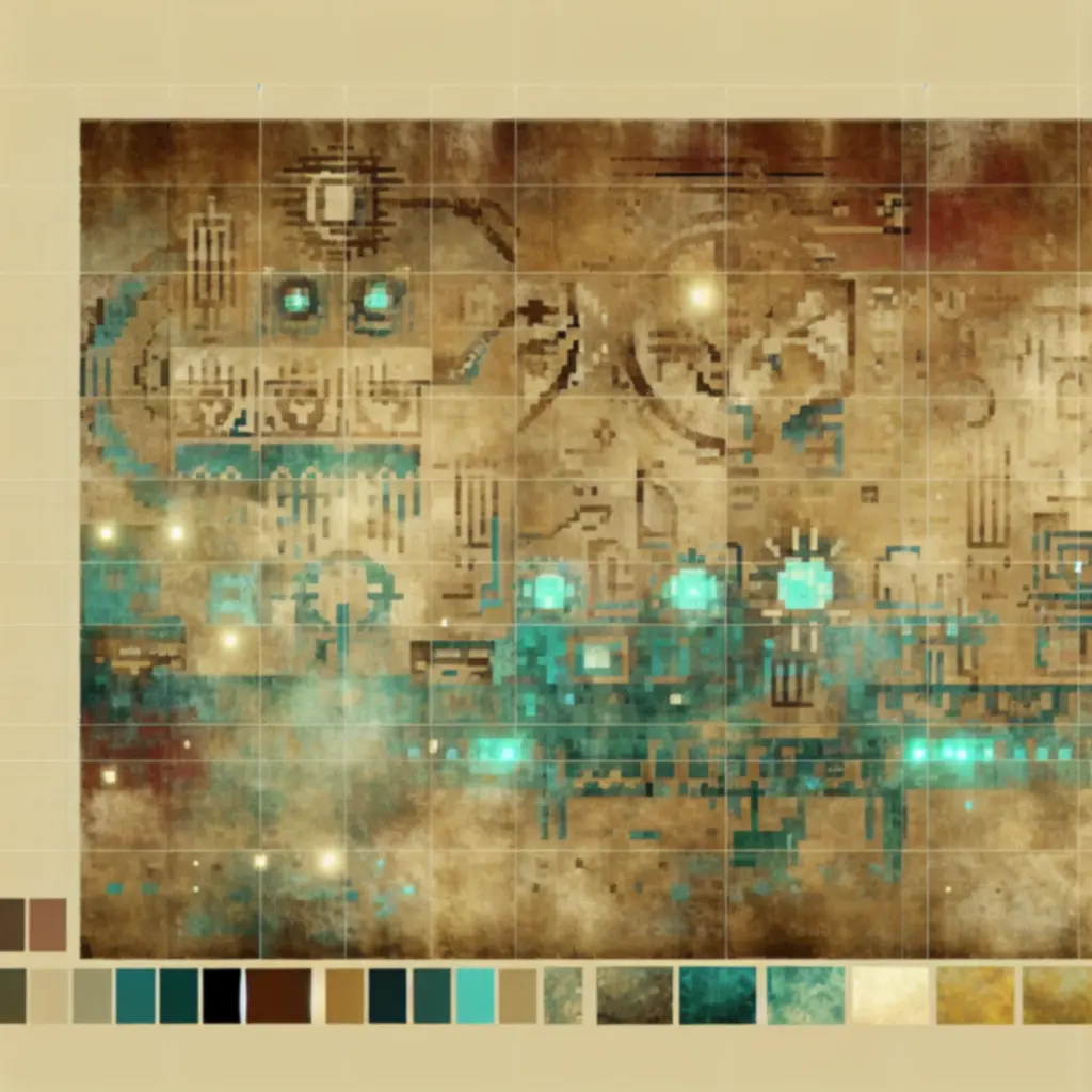 Mural w pixel-arcie przedstawiający pradawną cywilizację w Hyper Light Drifter